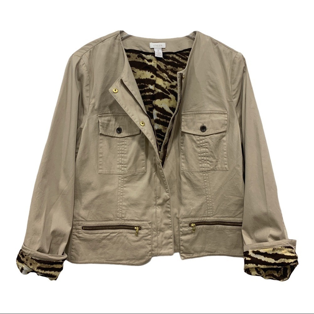 Chico's‎ lightweight jacket top animal print lining Size L (2) Utility Chore - Picture 3 of 8
